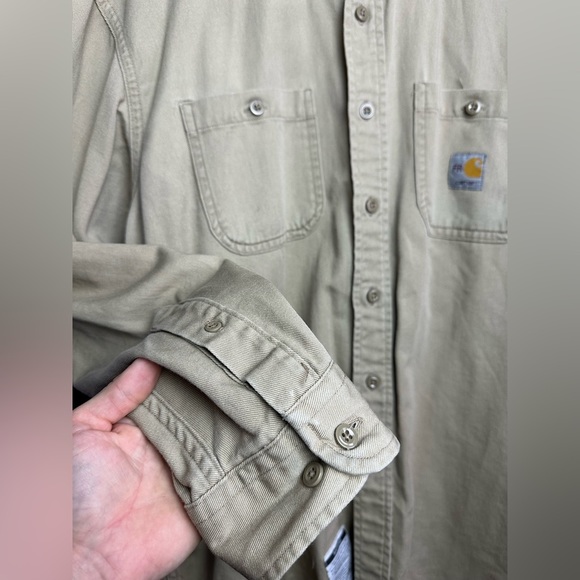Carhartt Men's Flame Resistant Khaki Long Sleeve Button Up Shirt - Picture 3 of 8